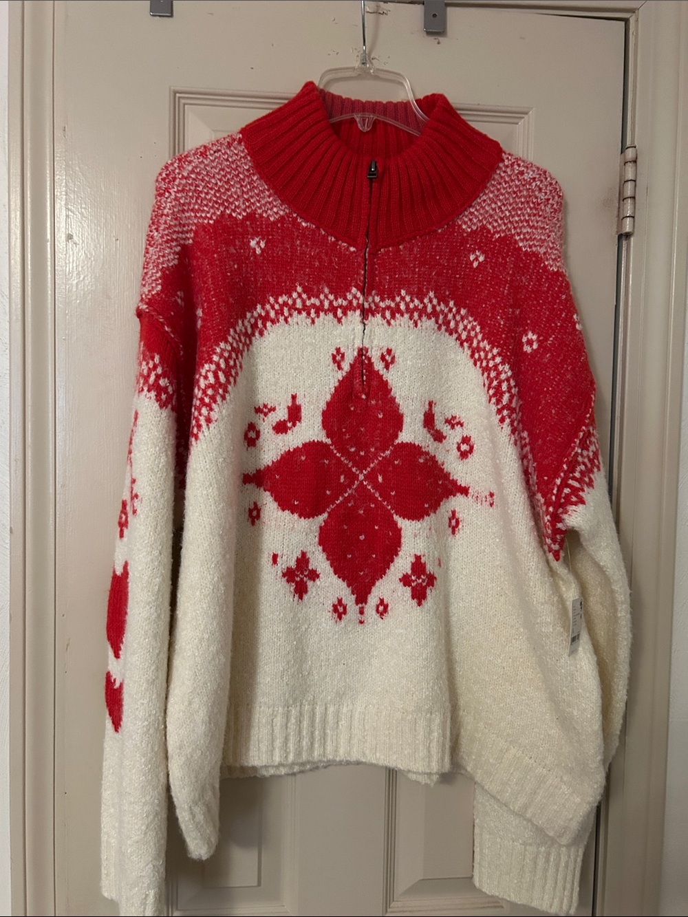 Free People Red and Cream Zip Turtleneck Fair Isle Sweater